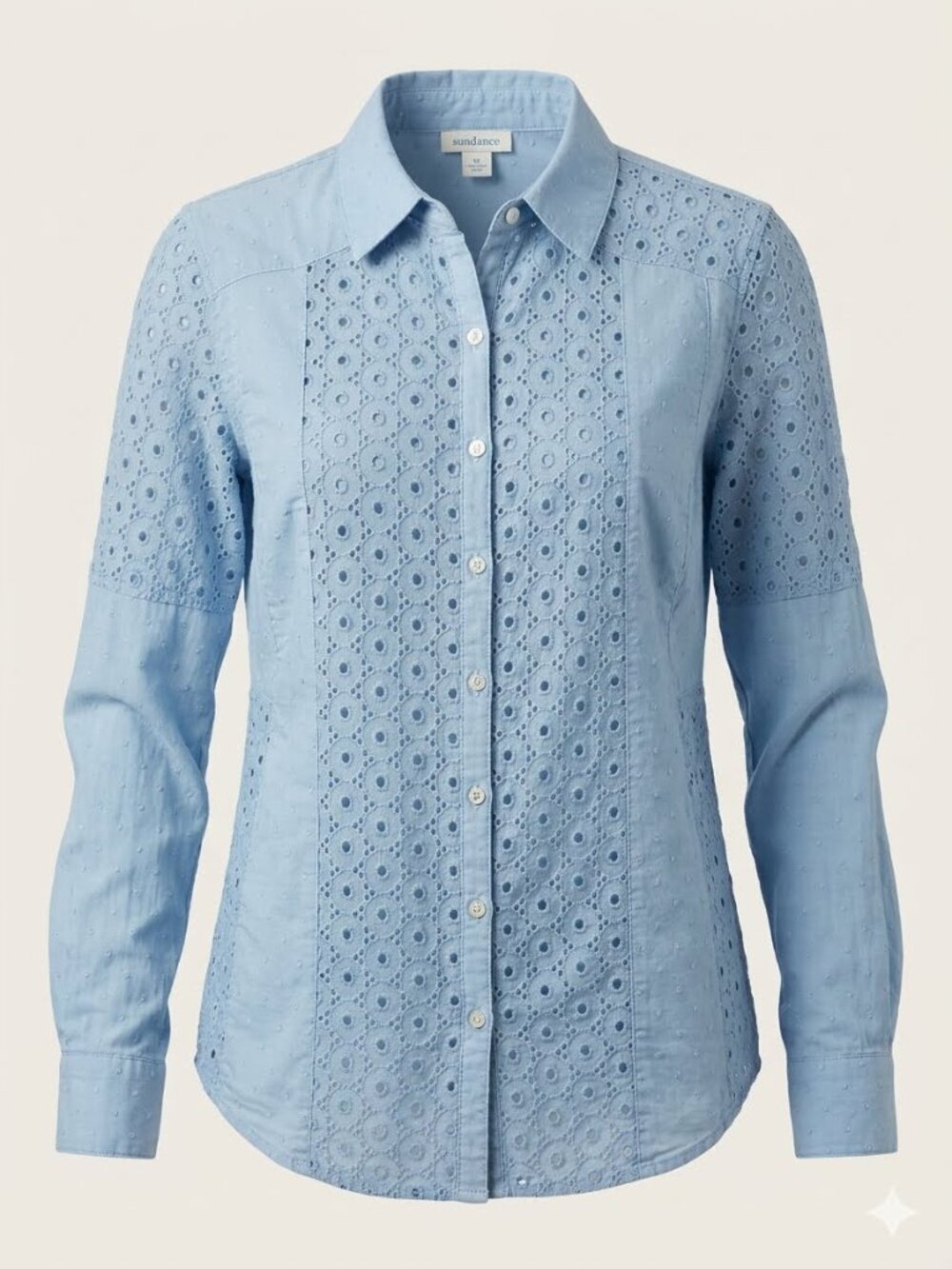 Sundance Sky Blue Floral Eyelet Boho Button Down Cottagecore Shirt Blouse 3572